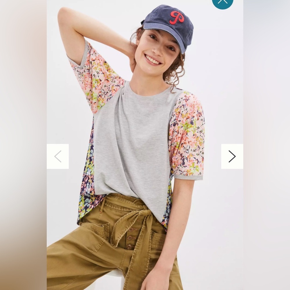 Anthropologie Gray Tee with Multicolor Floral Raglan Sleeves